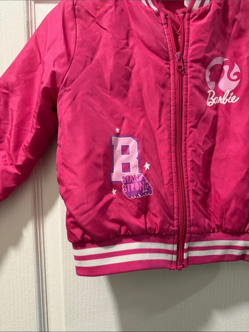 Barbie Hot Pink Kids Puffer Jacket with Striped Trim Size 4-5
